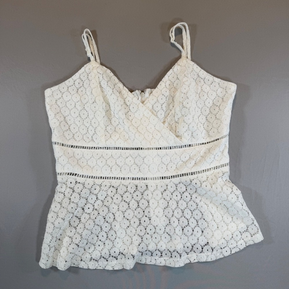 White Floral Lace Peplum Cami Top Adjustable Straps Large Festival Boho‎ Crochet